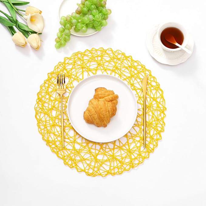 IcosaMro Yellow Round Placemats Set of 6 for Dining Table, 15 Inch Paper Woven Boho Decorative Circle Place Mat for Wedding Christmas Thanksgiving Day Holiday Dinner, 15 Inch,Yellow