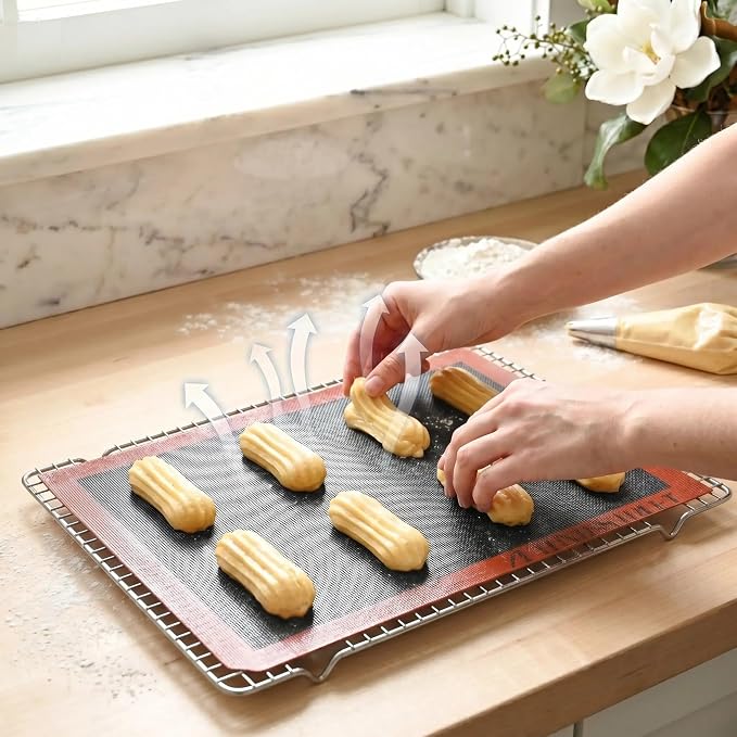 Perforated Silicone Baking Mats for Full Sheet Pan 15x23in, Eclair Silicone Baking Mat, Nonstick Reusable Breathable Air Mat, Heat Resistant, Pack of 2