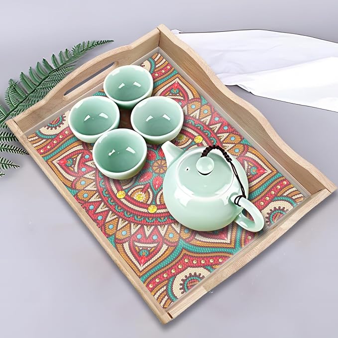 Generic DIY Diamond Serving Tray Rectangular Upgrade Increase Wooden Breakfast Tray with Handles Handmade Diamond Art Painting Dinner Plate for Coffee Living Room Home Organizer-Mandala06