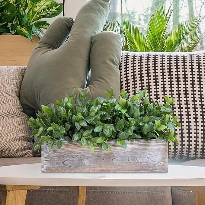Winlyn 14" Faux Boxwood Plant in Rectangular Wood Planter Box Rustic Greenery Arrangement Artificial Potted Herb Plant for Farmhouse Home Decor Wedding Mantel Shelf Windowsill Dinner Table Centerpiece
