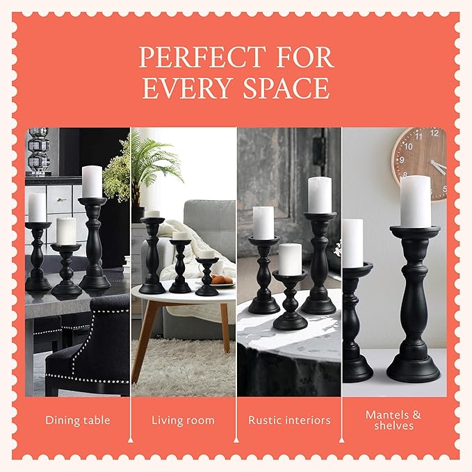 Mela Artisans 6”, 9” & 12” Mango Wood Pillar Candle Holder Set of 3 – Tuli Design Matte Black – Wooden Candle Holders for Table, Mantel & Living Room Décor