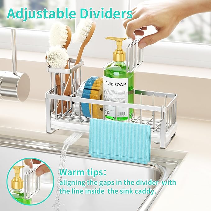 HapiRm Sponge Holder for Kitchen Sink - Self-draining Sink Caddy with Brush Holder and Dishcloth Holder, Stainless Steel Kitchen Organizer - Silver
