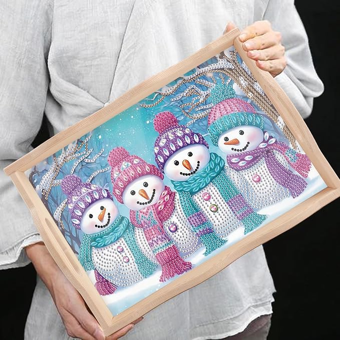 DIY Diamond Serving Tray Rectangular Breakfast Tray with Handle Handmade Diamond Art Painting Wooden Tray for Dinner Plate Coffee Room Living Home Organizer-Snowman03