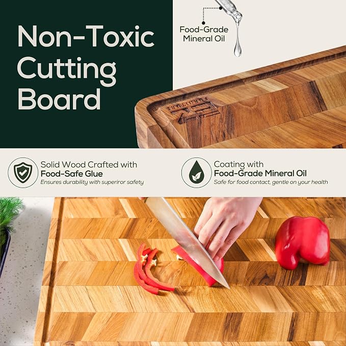 EZ FURNITURE Medium (M) Teak Edge Grain Cutting Board, Reversible, Knife-Friendly Charcuterie Wood Cutting Board, Juice Groove & Handles, Non-Toxic, Gift Box Included (Herringbone, 17" x 13" x 1.15")