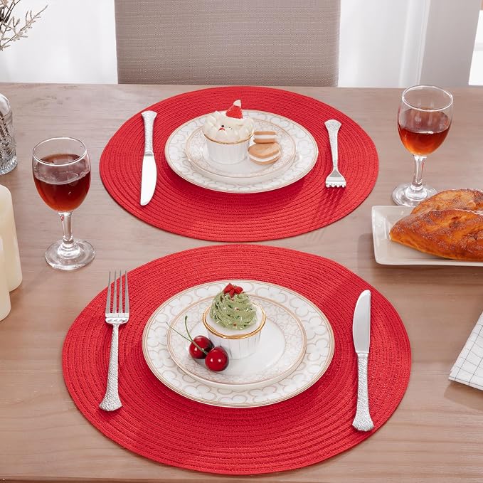 SHACOS Round Placemats Set of 4 Non Slip Washable Place Mats 15 inch Cotton Polyester Braided Placemat for Christmas Home Wedding Party Dining Table Decor (Red, 4)