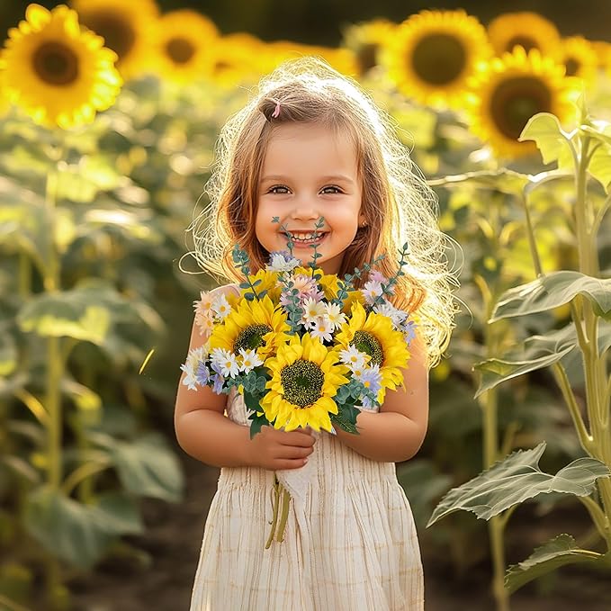BLOSMON Sunflower Fake Flowers in Vase: Sunflowers Artificial Flowers with Vase for Table Centerpieces Decor - Silk Flower Bouquet Faux Arrangements Kitchen Bathroom Wedding Party Decoration