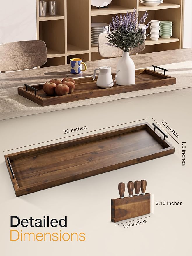 TIDITA Acacia Large Charcuterie Boards for Party with Cheese Knife Set of 4 – Acacia Wood Serving Tray with Handles, Long Charcuterie Board, Wooden Cheese Board (Walnut Color, 36 Inch)