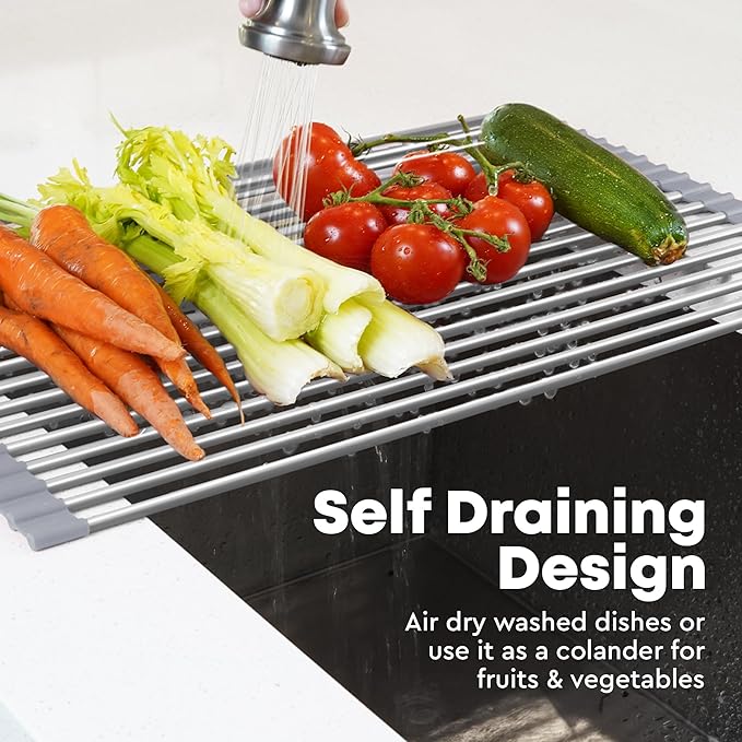Zulay Kitchen Over The Sink Dish Drying Rack, Roll Up Heavy Duty Stainless Steel Design for Easy Storage & Durability | Dishwasher Safe 17.5” x 12.5