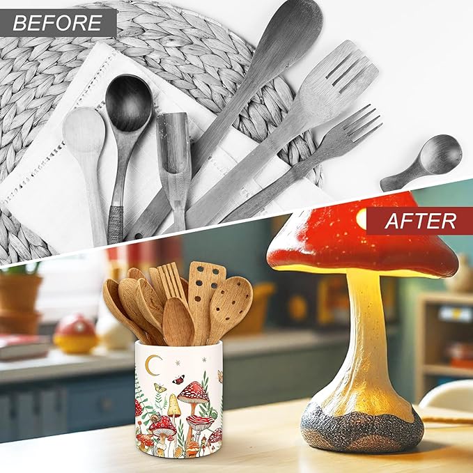 JarThenaAMCS Vintage Mushroom Ceramic Utensil Holder Watercolor Mushroom Moon Utensil Crock for Home Kitchen Countertop Storage Organizer Container