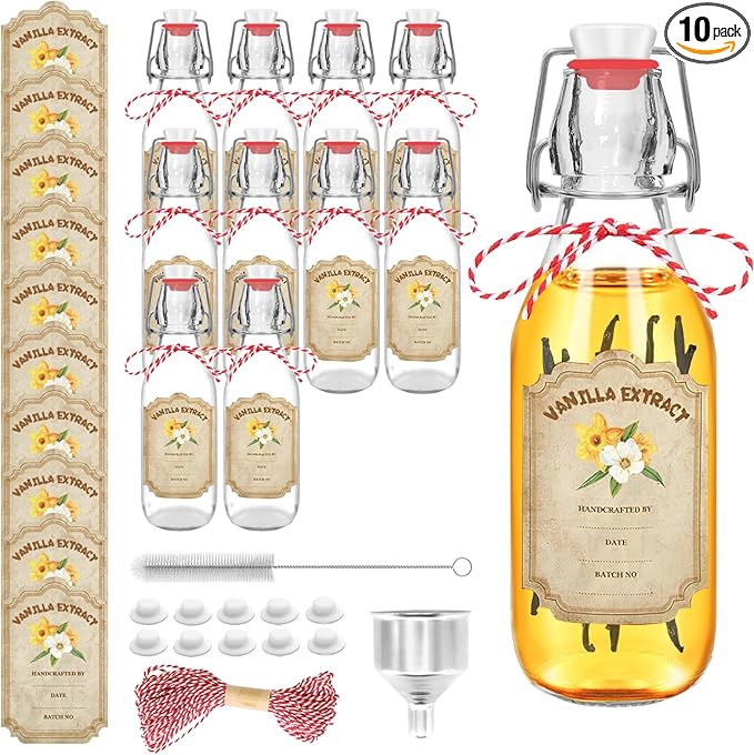 10 Pack Swing Top Glass Vanilla Extract Bottles 8 oz with Lids, Vanilla Extract Labels and Funnel, Glass Boston Bottles for Syrup Gift, Flip Top Jars