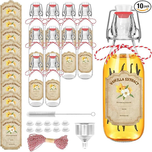 10 Pack Swing Top Glass Vanilla Extract Bottles 8 oz with Lids, Vanilla Extract Labels and Funnel, Glass Boston Bottles for Syrup Gift, Flip Top Jars