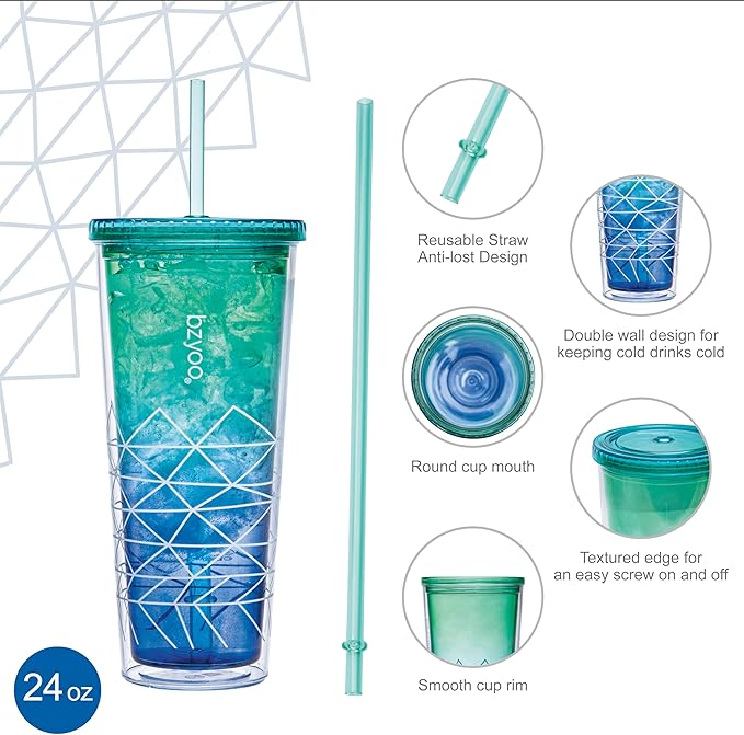 bzyoo SIP 24oz (710ml) Double Wall Plastic Tumbler with Lid and Straw Cold Drink Travel Mug Party Reusable Cup For Office Outdoor Dining Gift For Him & Her (Blue & Green)