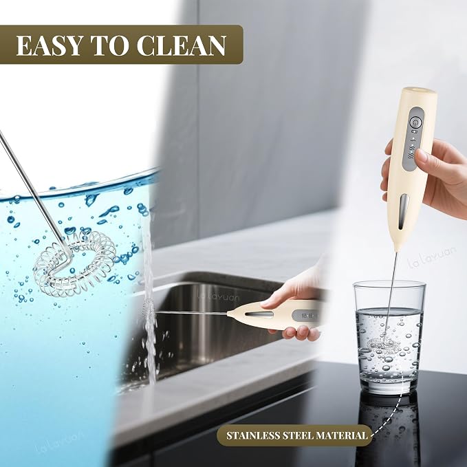 Electric Milk Frother, Three speed adjustment, USB Rechargeable Cordless Hand Blender with Sticky Stand Included, 304 stainless steel Egg Beater, Mixed Drinks, Coffee Stirrers (Beige)