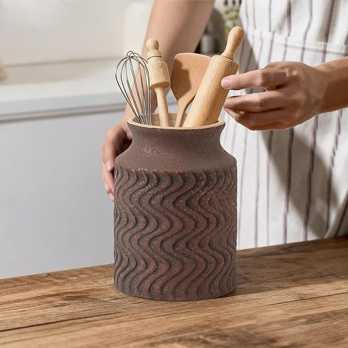 Farmhouse Ceramic Farmhouse Kitchen Utensil Holder for Countertop, Rustic Cooking Utensil Holder Crock Fit for Kitchen Counter
