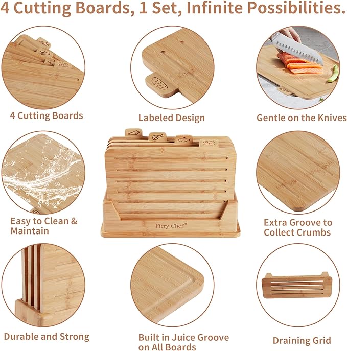 Fiery Chef 12.6"L x 9"W Bamboo Cutting Board Set of 4 - Wood Cutting Board Set with Holder, Chopping Boards Set with Food Icons, Juice Groove - Ideal for Meat, Fish, Bread, Vegetable, Fruit Chopping