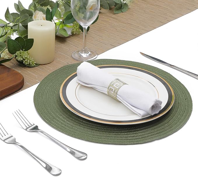 SHACOS Round Placemats Set of 12 Washable 15 inch Round Table Mats Cotton Polyester Woven Braided Place Mats for Dining Table Wedding Party Decor (Olive Green, 12)