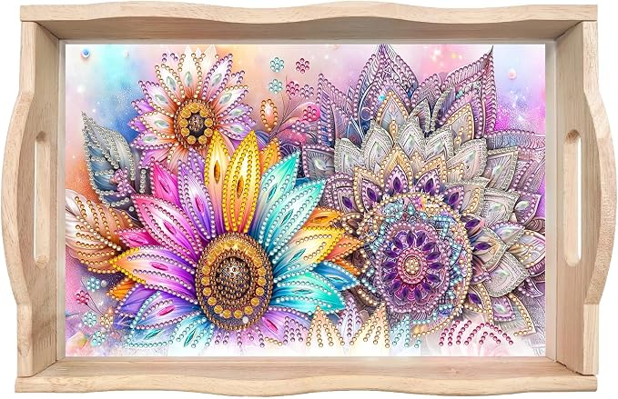 BAYUNOE DIY Diamond Serving Tray Christmas Rectangular Breakfast Tray with Handle Handmade Diamond Art Painting Wooden Tray for Dinner Plate Coffee Room Living Home Organizer-Mandala