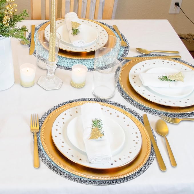 Niviy Blue Grey Ethnic Boho Round Placemats Set of 4, 15 Inch Linen Burlap Washable Durable Art Table Mats for Holiday Party Kitchen Dining Room Decoration