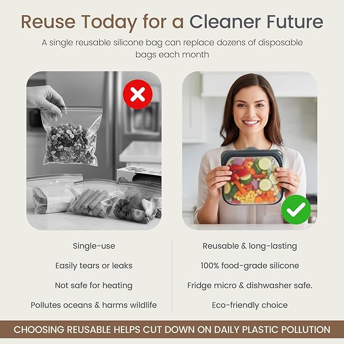 Session Goods 100% Reusable Silicone Food Storage Bags, Pack of 2 (Charcoal), Hygienic Ziplock Silicone Bags for Food Storage for Leftovers, Leak Resistant Freezer Bags, BPA Free, Sandwich Bags