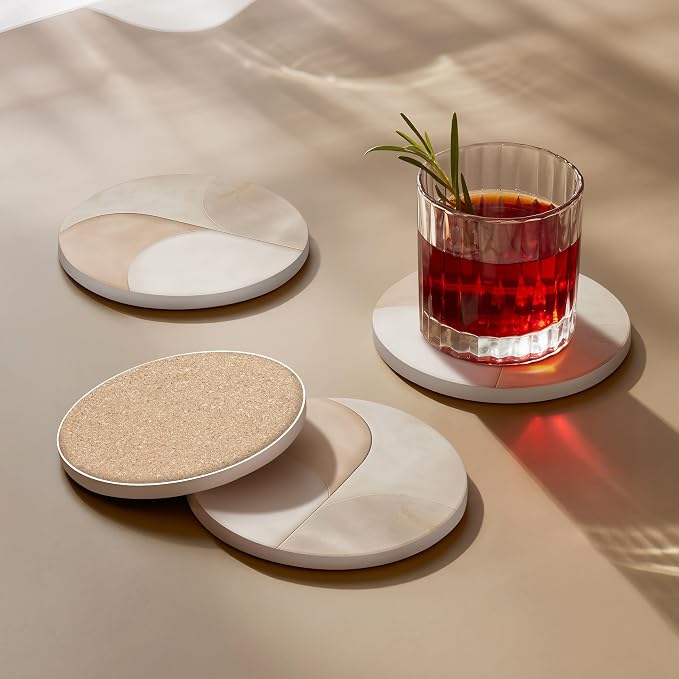 VEYRO Ceramic Coasters Set of 6 – Absorbent Stone Drink Coasters with Holder, Non-Slip Cork Backing, Modern Marble Look Coasters for Coffee Table, Desk & Home Decor