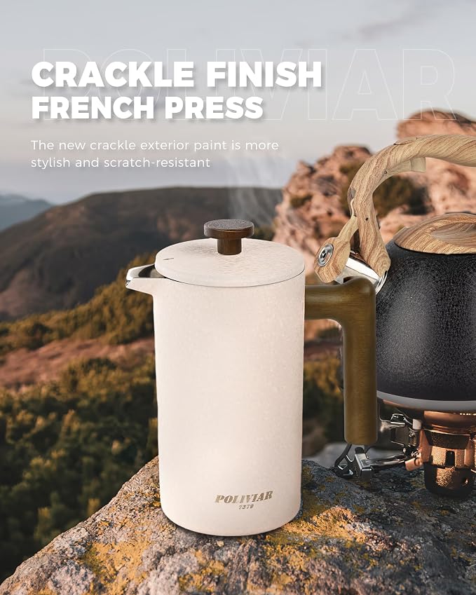 POLIVIAR French Press Coffee Maker, 34 oz | Real Wood Handle Coffee Press, Double Wall Insulation, Dual-Filter Screen, Food Grade Stainless Steel, For Coffee and Tea