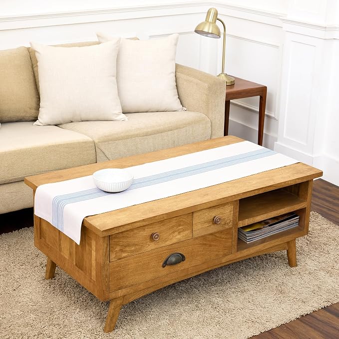 Solino Home Linen Striped Table Runner 60 Inches - 100% Pure Linen Dusty Blue and White Farmhouse Small Table Runner 14 x 60 Inch Ideal for Dresser and Coffee Tables - Summer