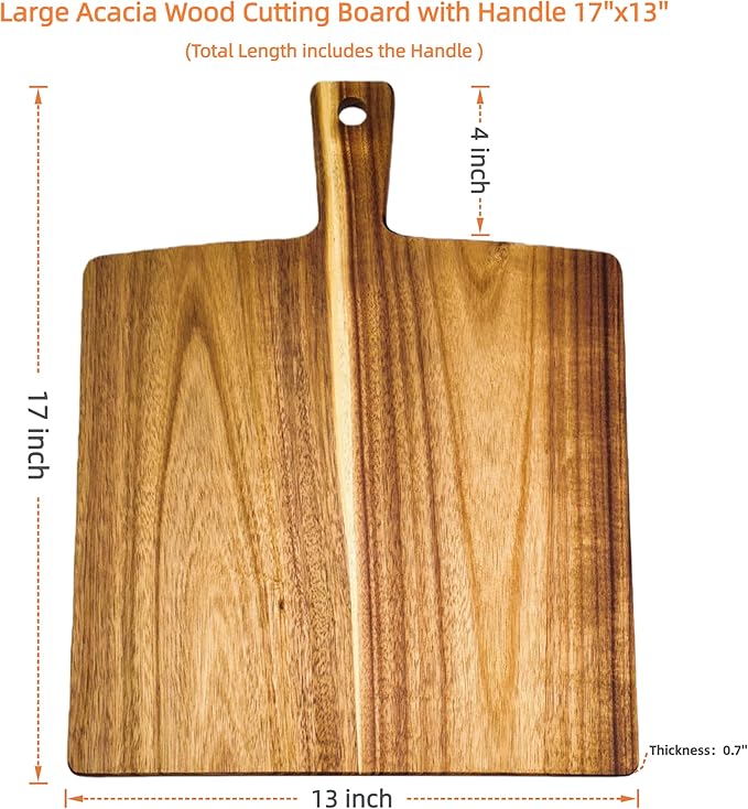 Large Acacia Wood Cutting Board with Handle 17''X13'', Charcuterie Board, Serving Board, Chopping Board for Meat, Cheese, Bread, Vegetables & Fruits (Square)