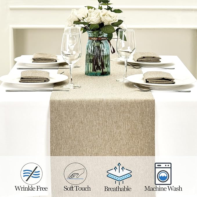 Mebakuk Linen Farmhouse Table Runner Large Burlap Style Soft and Waterproof Decorative Fabric Runner for Outdoor Wedding and Dinner (14 x 60 Inch, Mocha)