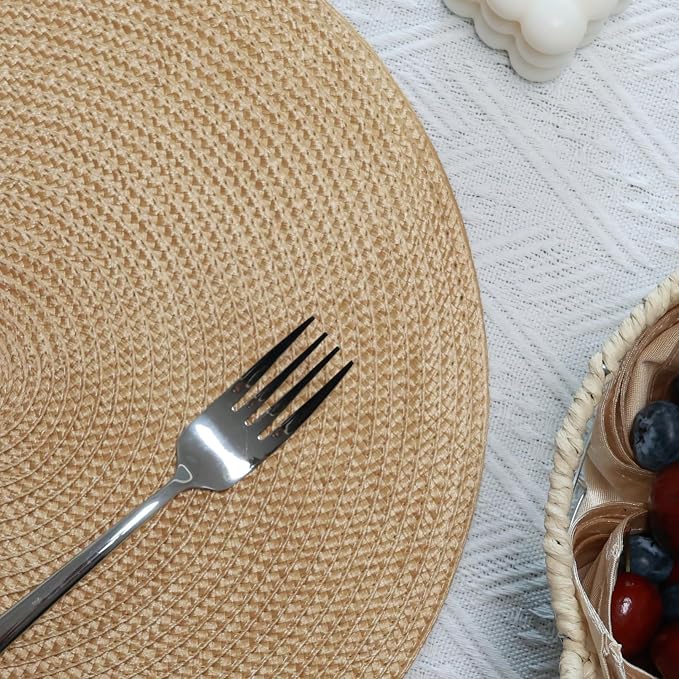 Winknowl Round Braided Placemats Set of 6 Washable Woven Heat Resistant Table Mats for Kitchen Dining Tables 15 inch Round Place Mats (Camel,6pcs)