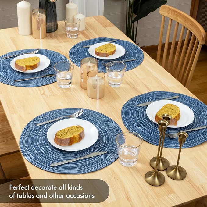 Winknowl Round Braided Placemats Set of 8 Washable Woven Heat Resistant Table Mats for Kitchen Dining Tables 15 inch Round Place Mats (Seascape Blue,8)