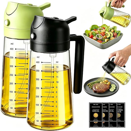 Poshetion 2 in 1 Olive Oil Sprayer for Cooking, 16oz Oil Dispenser for Kitchen, Leak-Proof Oil Spray Bottle for Air Fryer, Salad, BBQ, Baking, Grilling - Black & Green