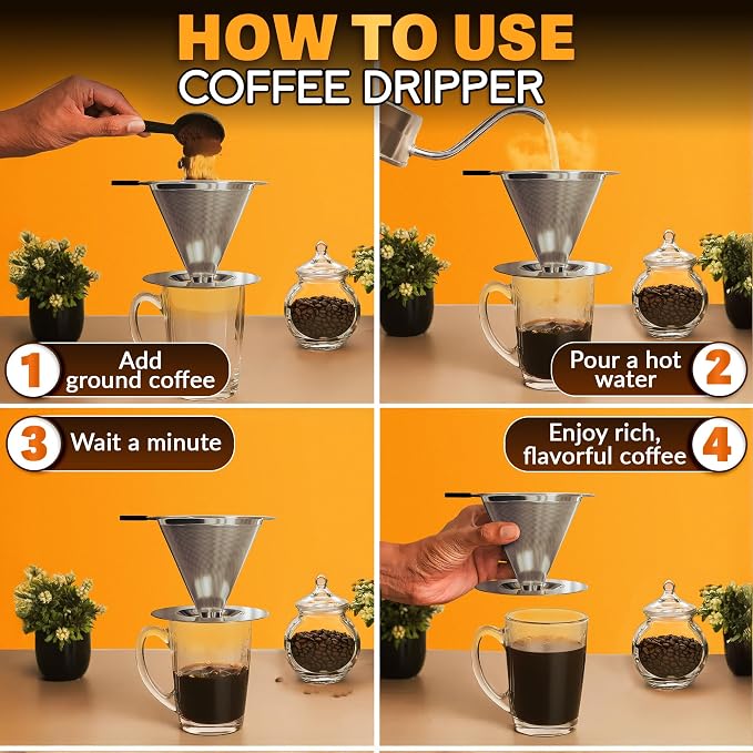 Stainless Steel Pour Over Coffee Maker With Cleaning Brush & Non-Slip Silicone Handle - 2 Cups Capacity 600 Mesh Stainless Steel Pour Over Coffee Dripper With Secure Wide Base, Clean Flavor Paperless