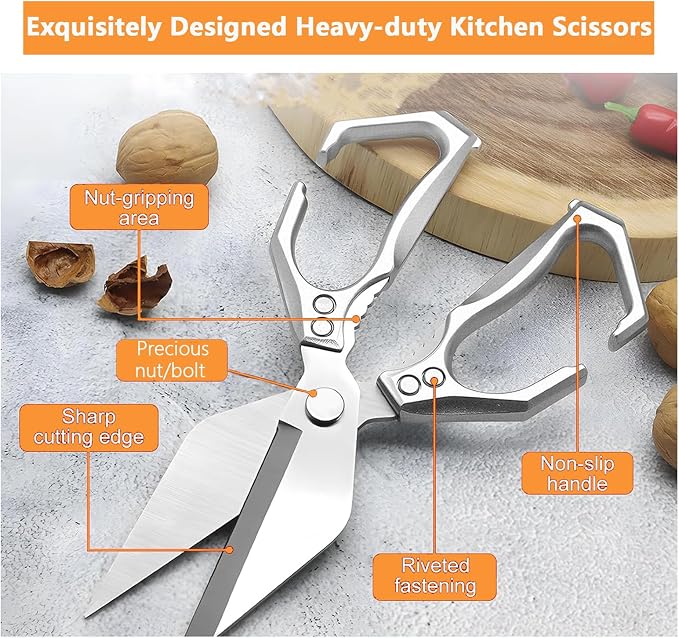 Multifunctional Heavy-Duty Kitchen Shears, New 2 in 1 Stainless Poultry Kitchen Scissors, Japanese High-Carbon Steel Culinary Shears for Chicken, Meat, Seafood, Bone Cutting, Walnuts(Silver) (Silver)