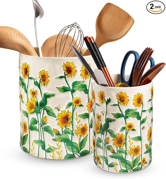 Sunflower Utensil Holder, 7.1"+5.4" Ceramic Utensil Holder for Kitchen Counter, Cooking Utensil Crocks for Countertop, Utensil Storage Container Organizer for Spoon, Sunflower Farmhouse Kitchen Decor