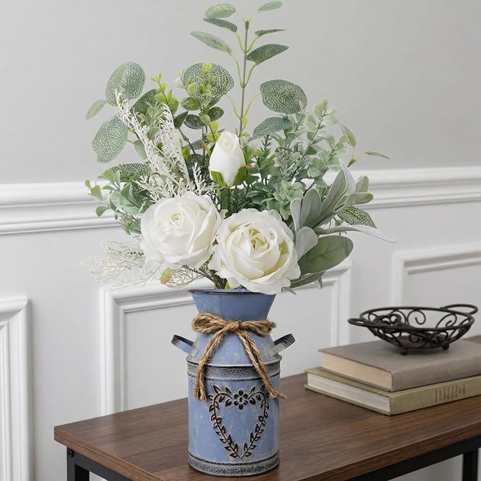 Faux Flowers in Vase 17.5" H Artificial Silk Roses Flower Fake Plants Eucalyptus Arrangement in Metal Vase Faux Silk Floral for Dining Table Centerpieces Home Office Decoration (White/Blue Vase)