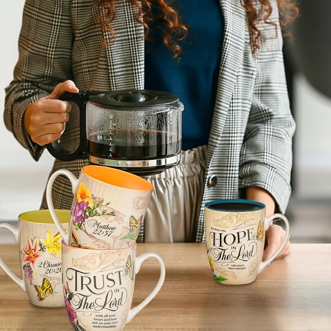 Christian Art Gifts Novelty Floral Ceramic Scripture Coffee & Tea Mug Set: Hope, Trust, Faith, Love - 4 Fancy Medium 12 oz. Cups w/Butterflies & Bible Verses, Multicolor Blue/Pink/Green/Orange Floral