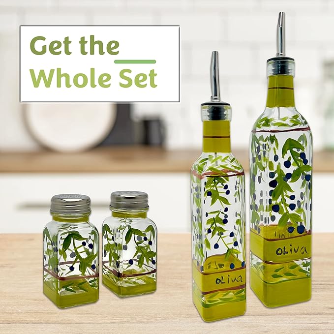 Hand Painted Glass Oliva Branch Oil/Vinegar Glass Cruet for Kitchen, 8 oz Olive Oil Dispenser With Stainless Steel Spout for Easy Pouring