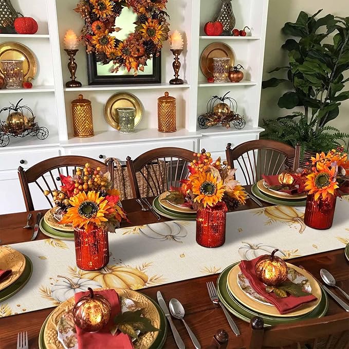 Fall Pumpkins Table Runner - 120 Inch Long, Grey Golden-yellow Pumpkin Thanksgiving Dining Table Runner Dresser Scarves, Maple Leaf Farm Harvest Decor for Coffee Table Wedding Party Banquet, 13x120 in