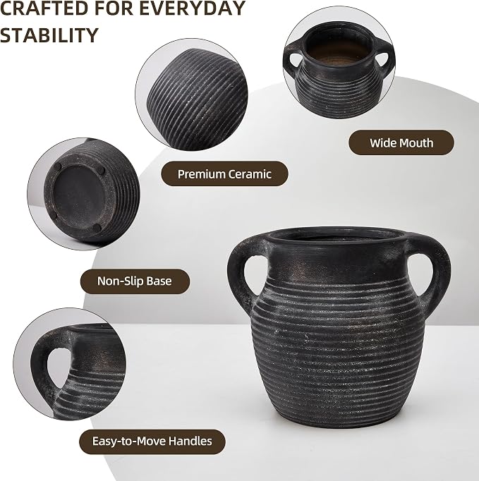 Rustic Utensil Holder for Kitchen Counter - Large Ceramic Farmhouse Cooking Utensil Crock & Organizer for Spatula, Spoon-Vintage Kitchen Decor (Charcoal)