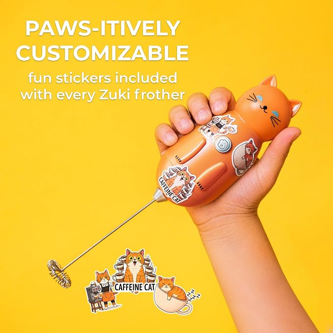 Zulay Kitchen Cat Milk Frother Wand – Cutesy Frother, Meet Your New Frothing Buddy Tiger The Cat, Adoption Papers and Stickers Included, Purrr-fect for Lattes, Cappuccino & Matcha – Orange