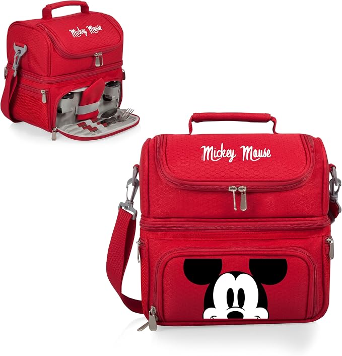 PICNIC TIME Disney Mickey Mouse Pranzo Insulated Lunch Box, Soft Sided Cooler Lunch Bag with Picnic Set, Dual Compartment Lunchbox, (Red)