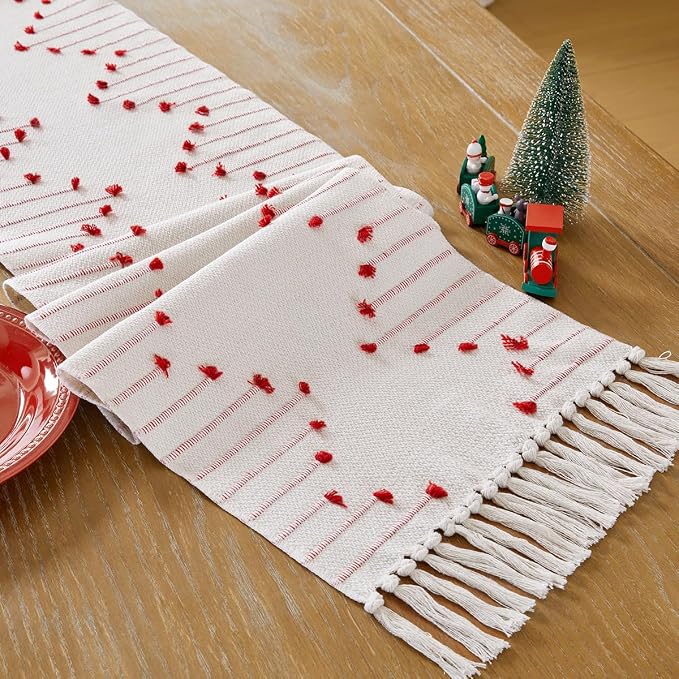 Wracra Christmas Table Runner, Natural Cotton Woven Macrame Table Runners 72 Inches Long for Christmas Decorations,Modern Farmhouse Woven Home Decor, 14x72 Inch, Red