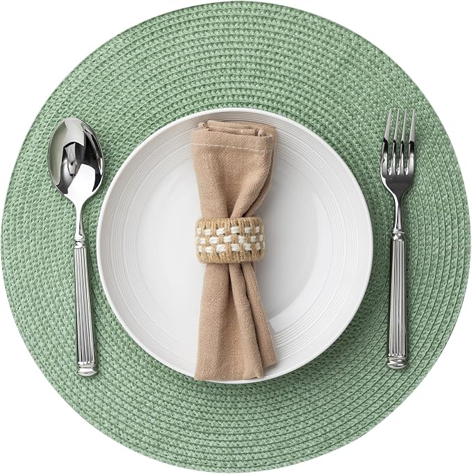 Baroyal Round Placemats Set of 8 Plastic Woven Placemats Washable Wipeable Table Mats for Dining Table Heat Resistant Non-Slip Circle Place Mats (Green)