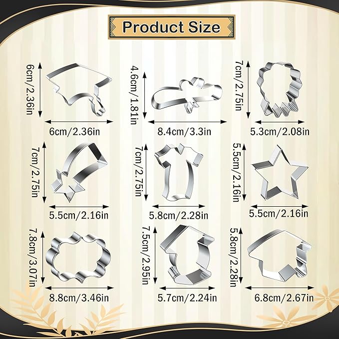 9Pcs Graduation Cookie Cutters Set, Stainless Steel Graduation Cap Diploma Bachelor Gown Cookie Cutters Shapes Biscuit Cutters Molds for Baking Homemade Treats Graduation Party Supplies