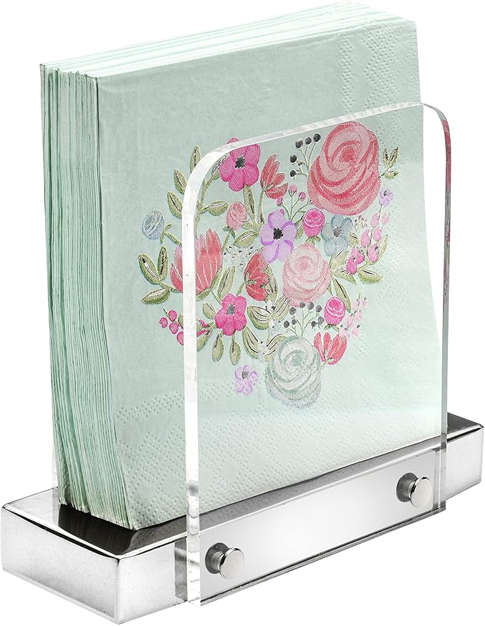 Modern Napkin Holder for Kitchen, Standing Napkin Holder for Tables, Clear Acrylic and Silver Steel Base Kitchen & Dining Room Decor