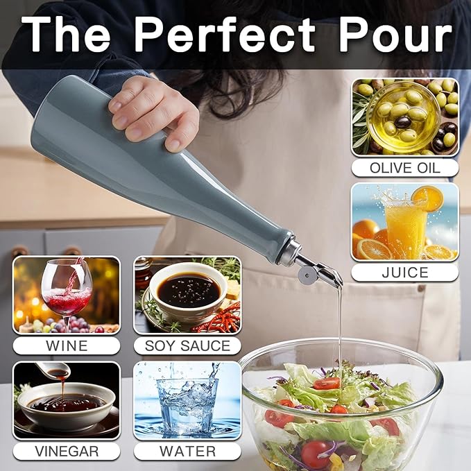 YOLIFE Olive Oil Dispenser Bottle, 20oz Ceramic Oil Dispenser for Kitchen, Oil Bottle with Gravity Spout, Leak Proof EVOO Dispensing Bottle with 2 Spouts and 1 Funnel for Vinegar, Juice(Gray)