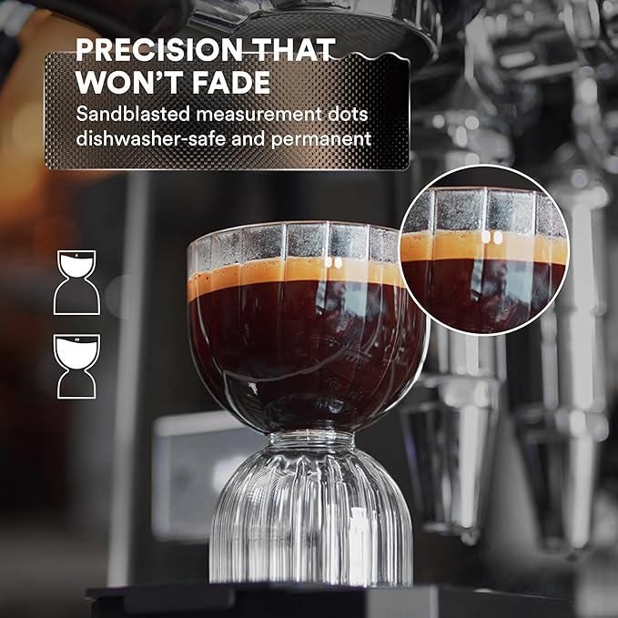 ovalware Espresso Measuring Glass Set of 2 | 30ml/1oz and 60ml/2oz Dual-Dose Stackable Borosilicate Cups | Cool-Touch Thermal Base | Oval Measurement Dots for Consistent Espresso Shots