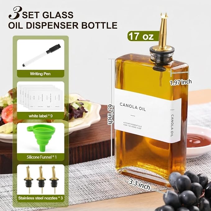 Olive Oil Dispenser Bottle for Kitchen, 3 Pack Glass Oil and Vinegar Dispenser Set, Elegant Design, Durable, Leak-Proof, Easy-Pour Spouts, Perfect for Kitchen, Dining Table, 17oz Golden