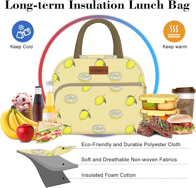 Coobiiya Lunch Bag for Women Men, Cute Lunch Tote Bags Insulated Reusable LunchBox Large Capacity Cooler Bag for Work Travel Picnic Green white