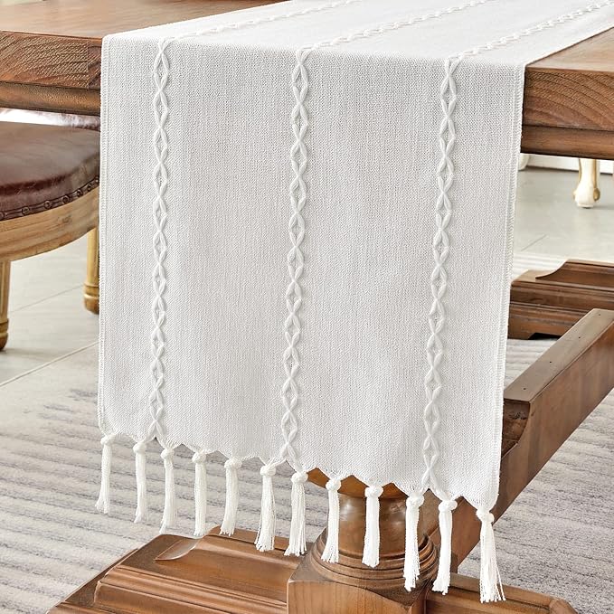 Wracra Rustic Linen Table Runner Farmhouse Style Table Runners 48 inches Long Embroidered Table Runner with Hand-Tassels for Party, Dresser Decor and Dining Room Decorations (White, 13"×48")